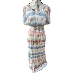 Tie Dye Maxi Dress Medium Smocked Waist Boho Sz M Semi Sheer Resort Vacation EUC